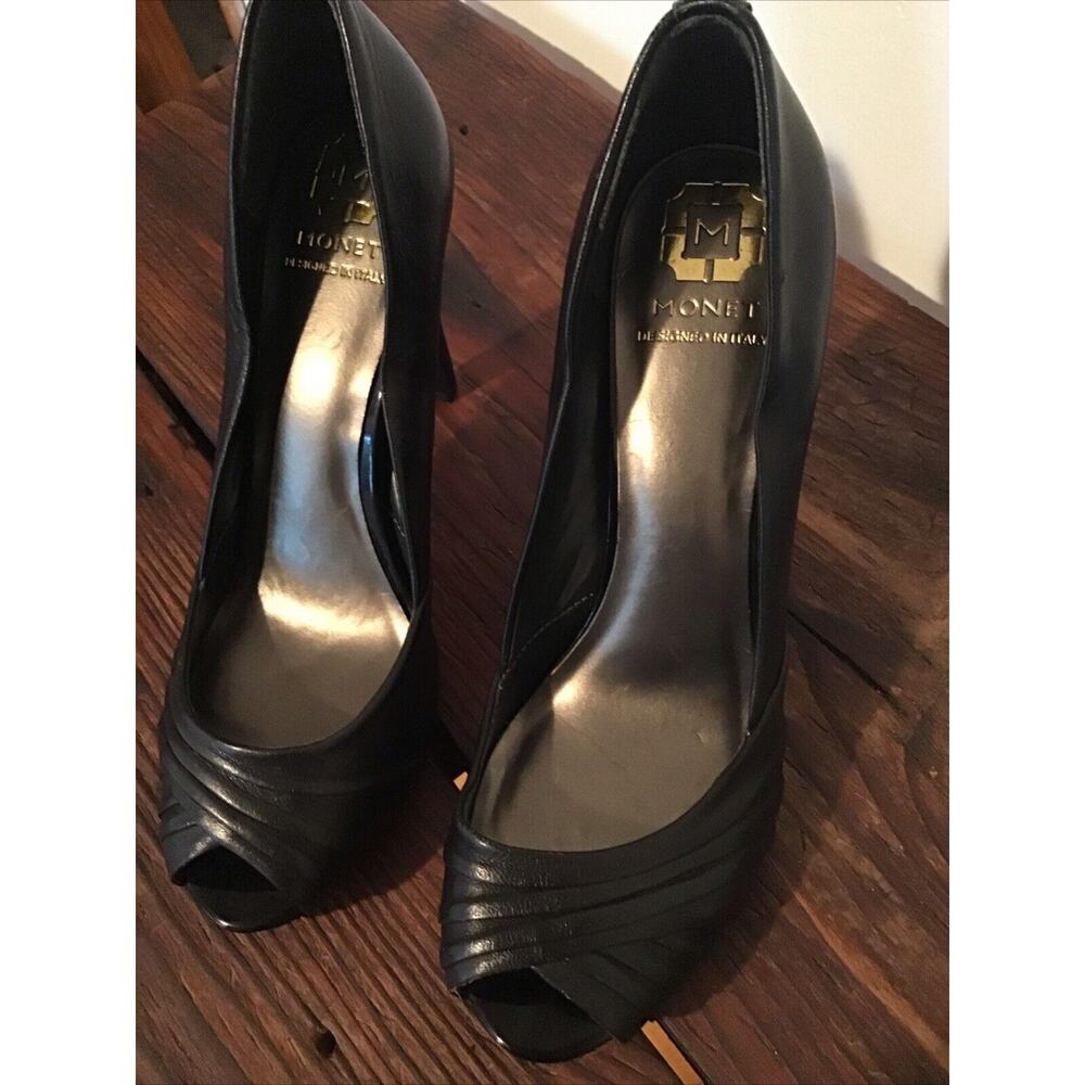 MONET Size 7.5 M Black Leather Peep Toe 4” Heels High Dressy Stilettos